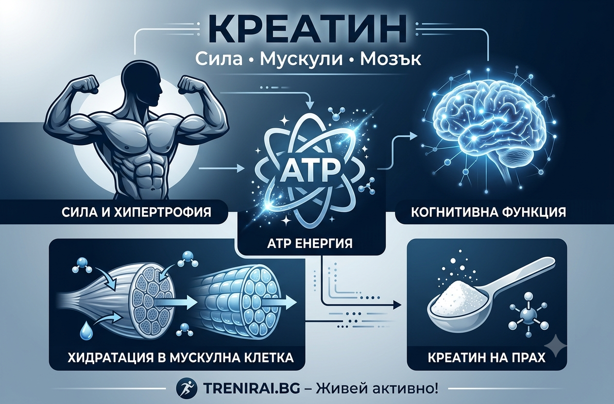 Креатин монохидрат &ndash; ползи за мускули, сила и мозък, научно обяснение и прием